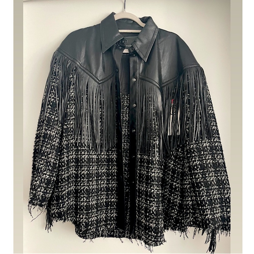 Tweed Button Down Leather Fringe Jacket - image 1